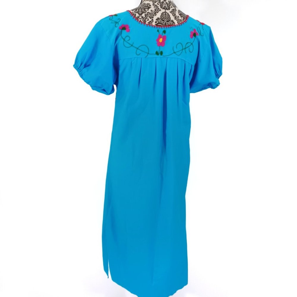 Hand Embroidered Mexican Oaxacan Puff Sleeve Cotton Midi Dress XS-S - Picture 4 of 5